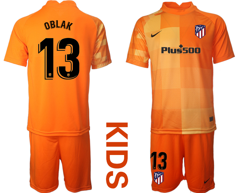 Cheap Youth 2021-2022 Club Atletico Madrid orange red goalkeeper 13 Soccer Jersey